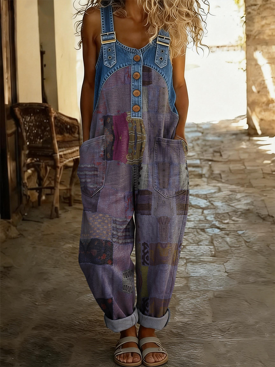 Women's Retro Plaid Art Print Casual Sleeveless Denim Patchwork Jumpsuit